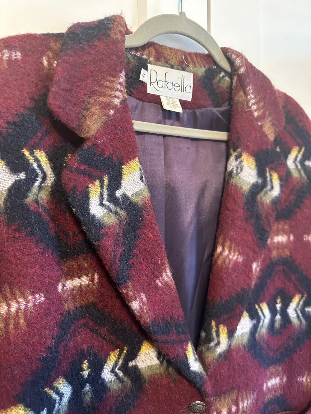 121. Vintage oversized Rafaella wool blazer; Southwestern design; size 6